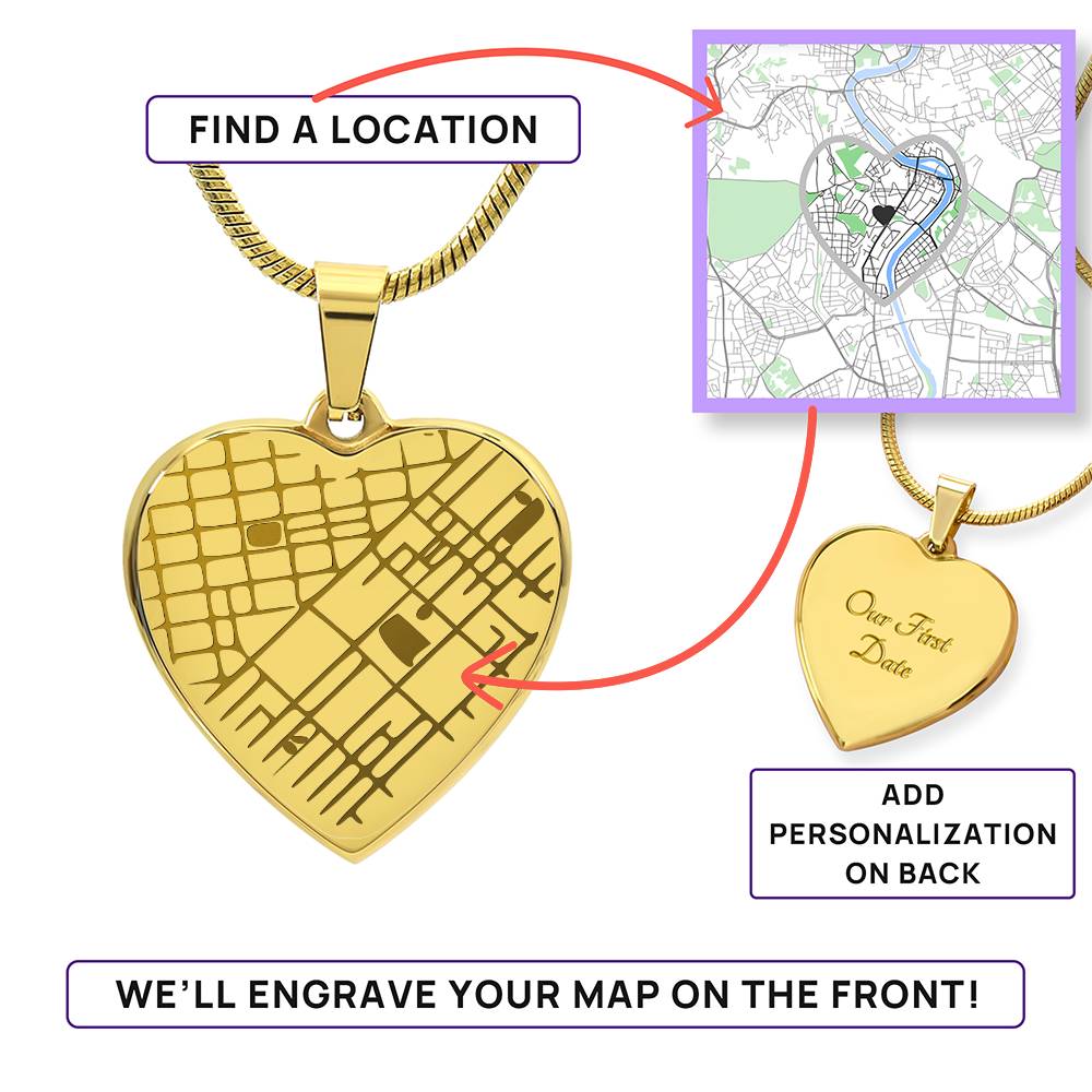 Heart map necklace personalization guide: select a location for the front and add a message on the back.