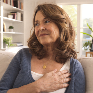Woman smiling with her hand resting over her heart.
