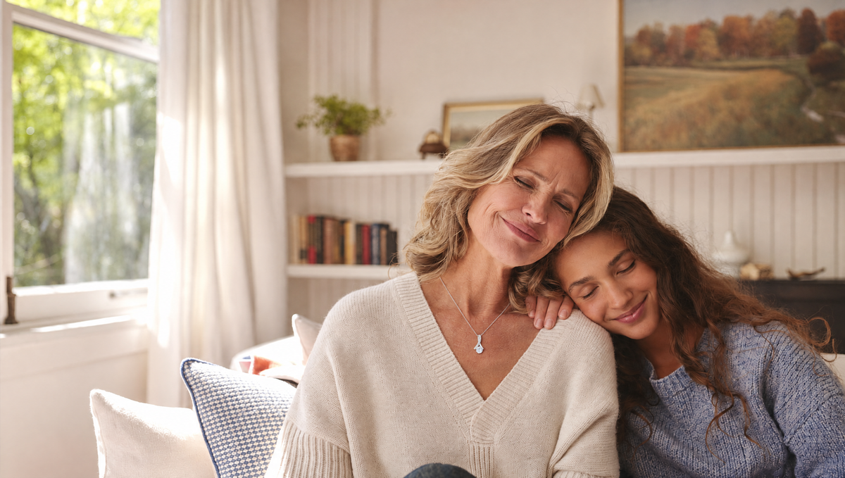 Two women resting their heads together on a sofa.