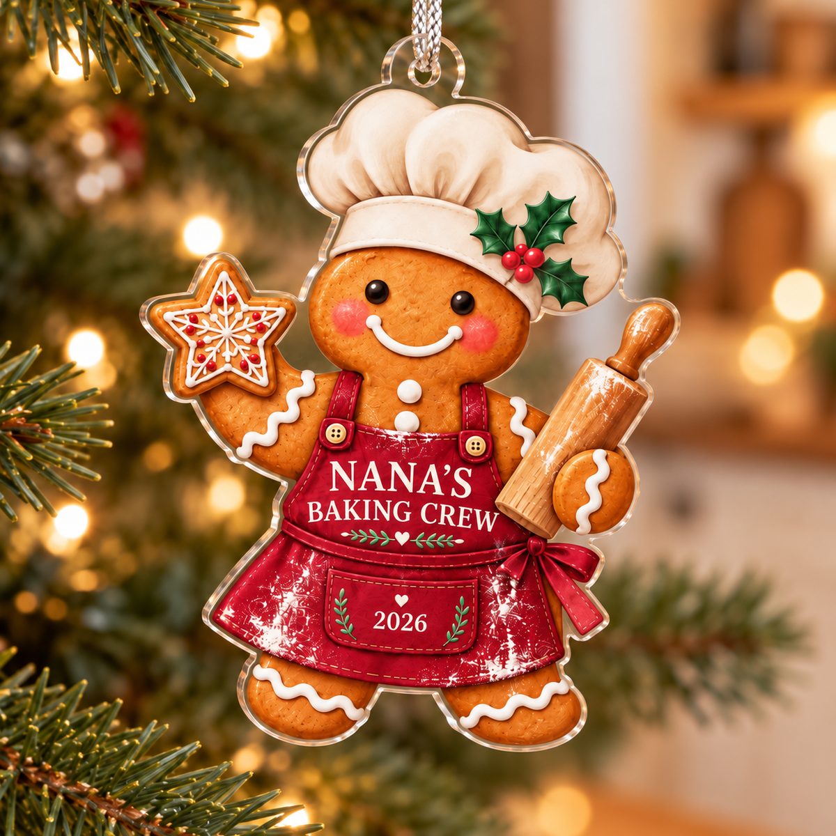 Nana’s Baking Crew 2026 gingerbread baker acrylic ornament hanging on a Christmas tree with warm lights and a softly blurred kitchen.