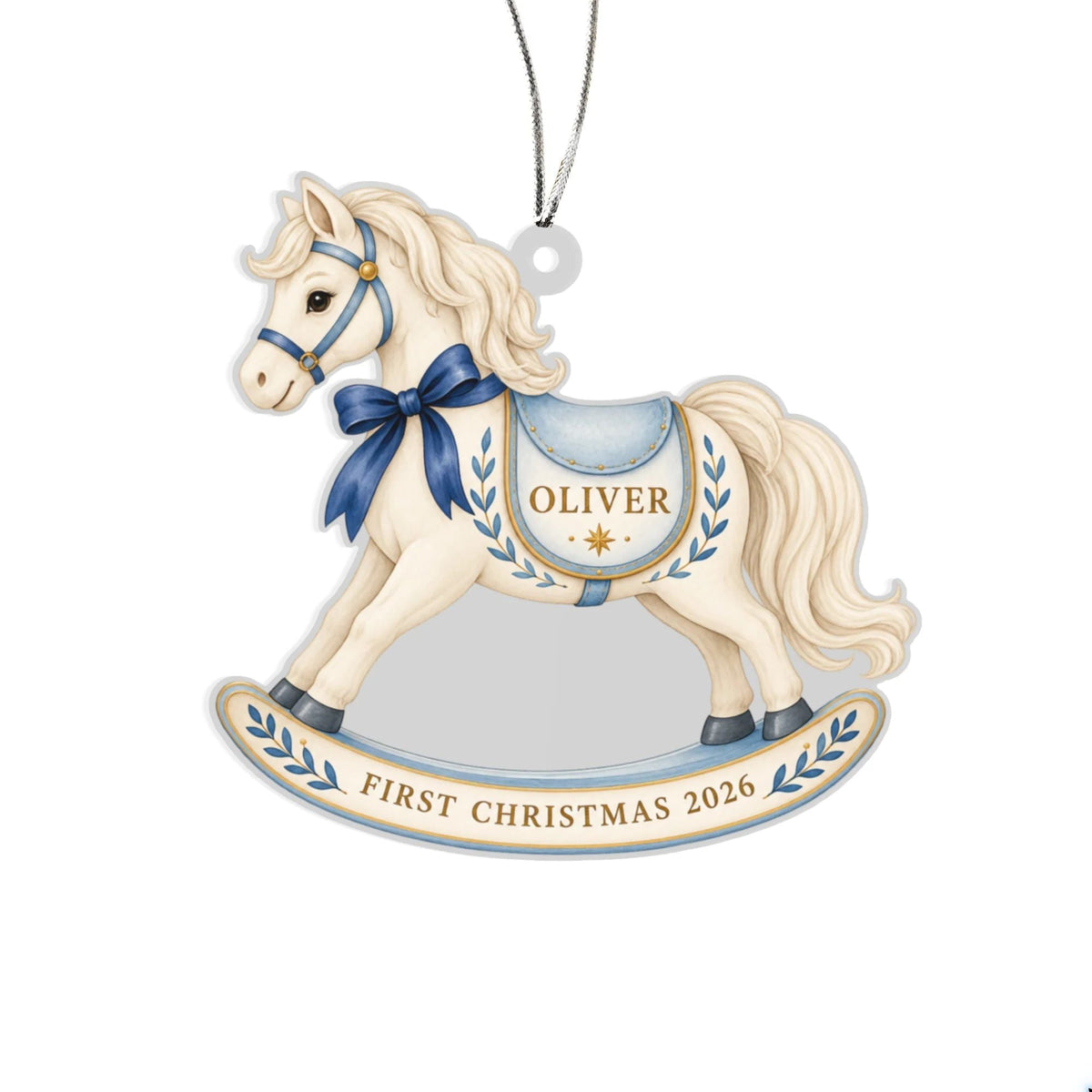 Personalized blue and cream rocking horse acrylic ornament for First Christmas 2026, showing Oliver as an example name.