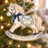 Personalized First Christmas 2026 rocking horse acrylic ornament hanging on a softly lit Christmas tree, with Oliver as a sample name.