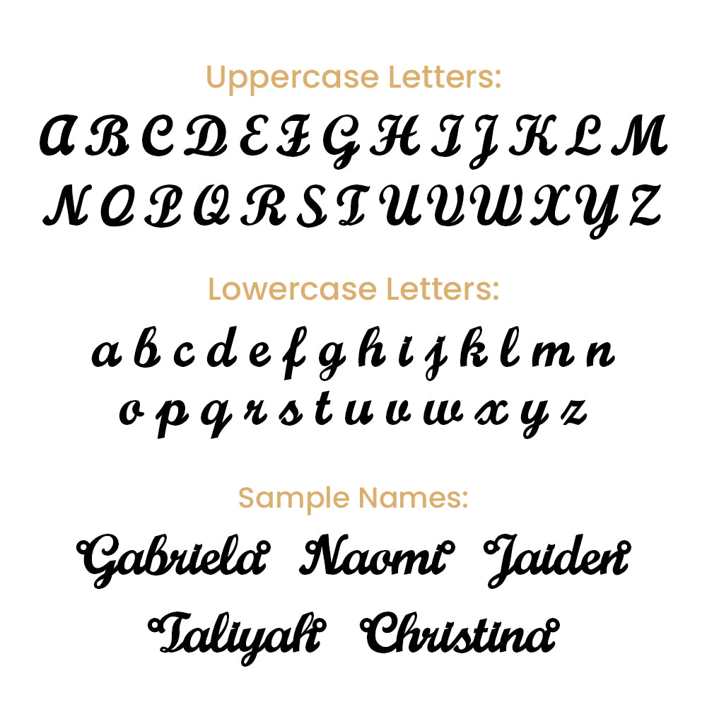 Script lettering guide with uppercase and lowercase letters and sample names for the birthstone necklace.