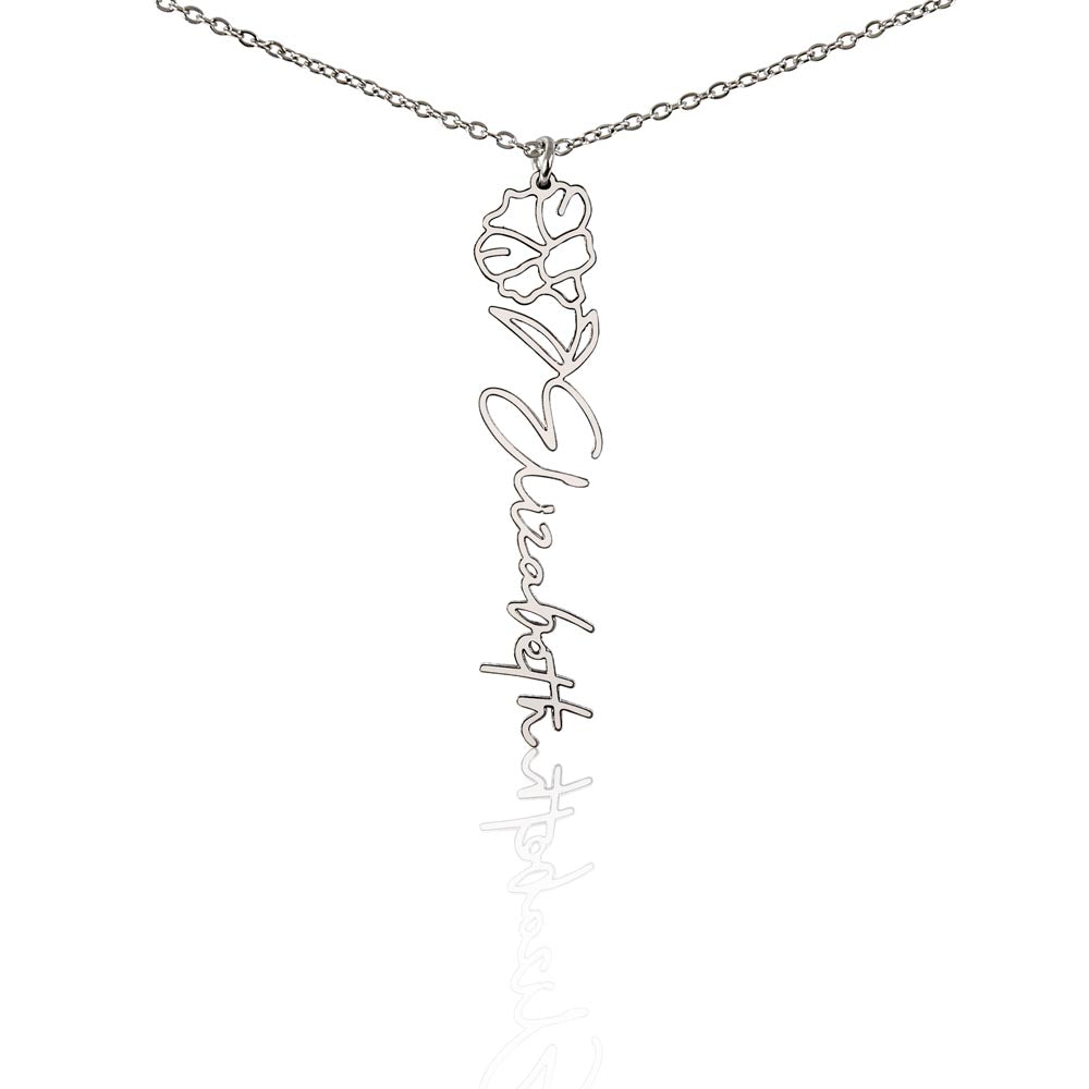 Silver-tone birth flower necklace with a morning glory motif and vertical script name pendant on white.