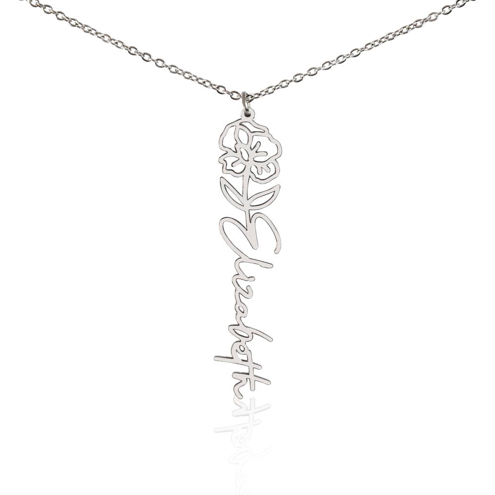 Silver-tone birth flower necklace with a poppy motif and vertical script name pendant on white.