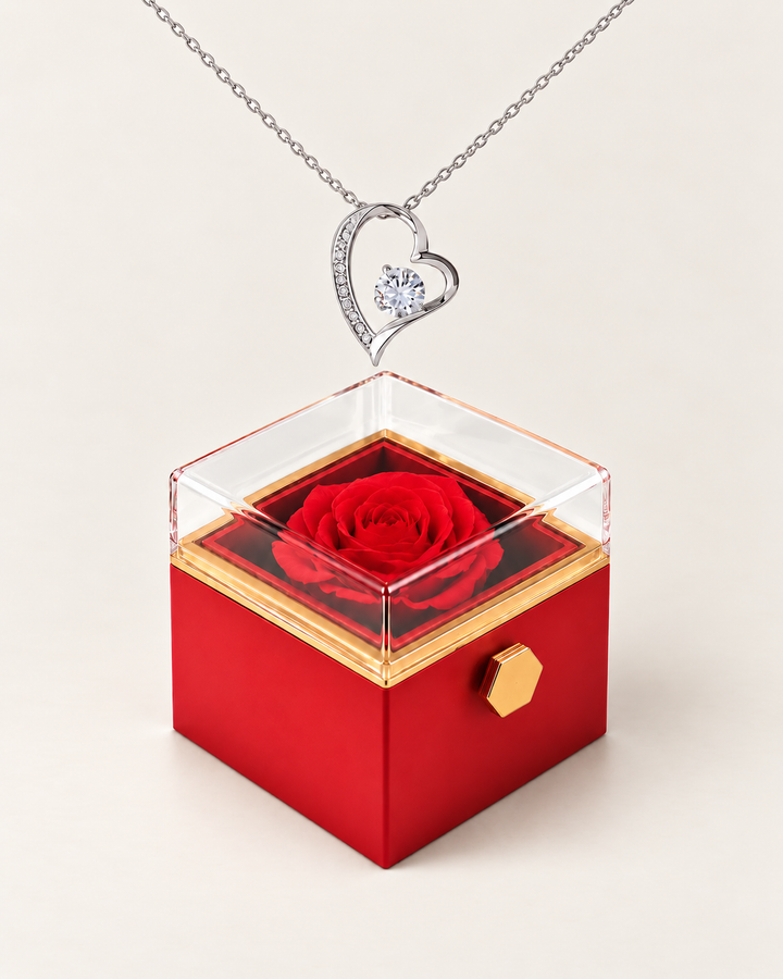 Silver-tone classic heart CZ necklace displayed above a red rotating rose gift box.