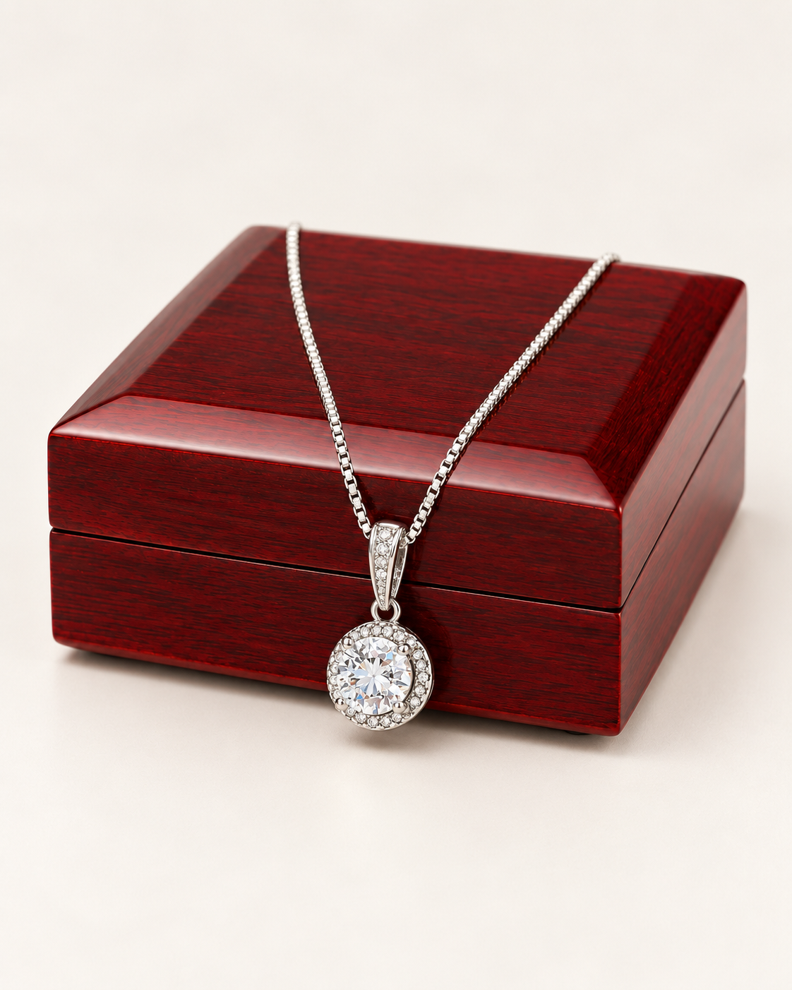 Silver-tone crystal halo pendant necklace draped across a wooden gift box.
