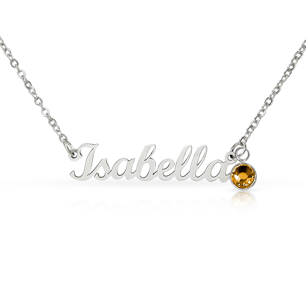 Silver-tone Isabella script name necklace with an amber-colored birthstone accent on white.