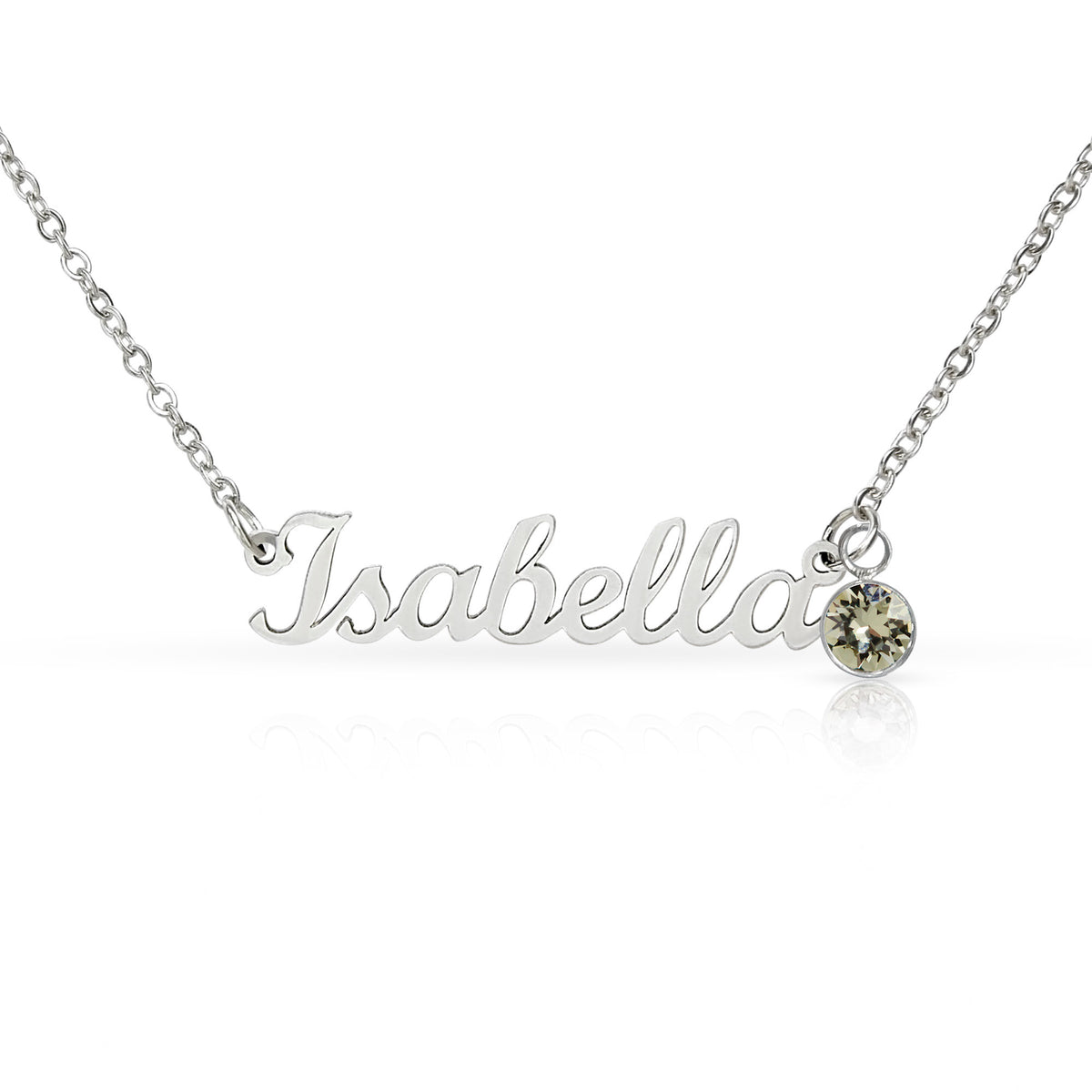 Silver-tone Isabella script name necklace with a clear birthstone accent on white.
