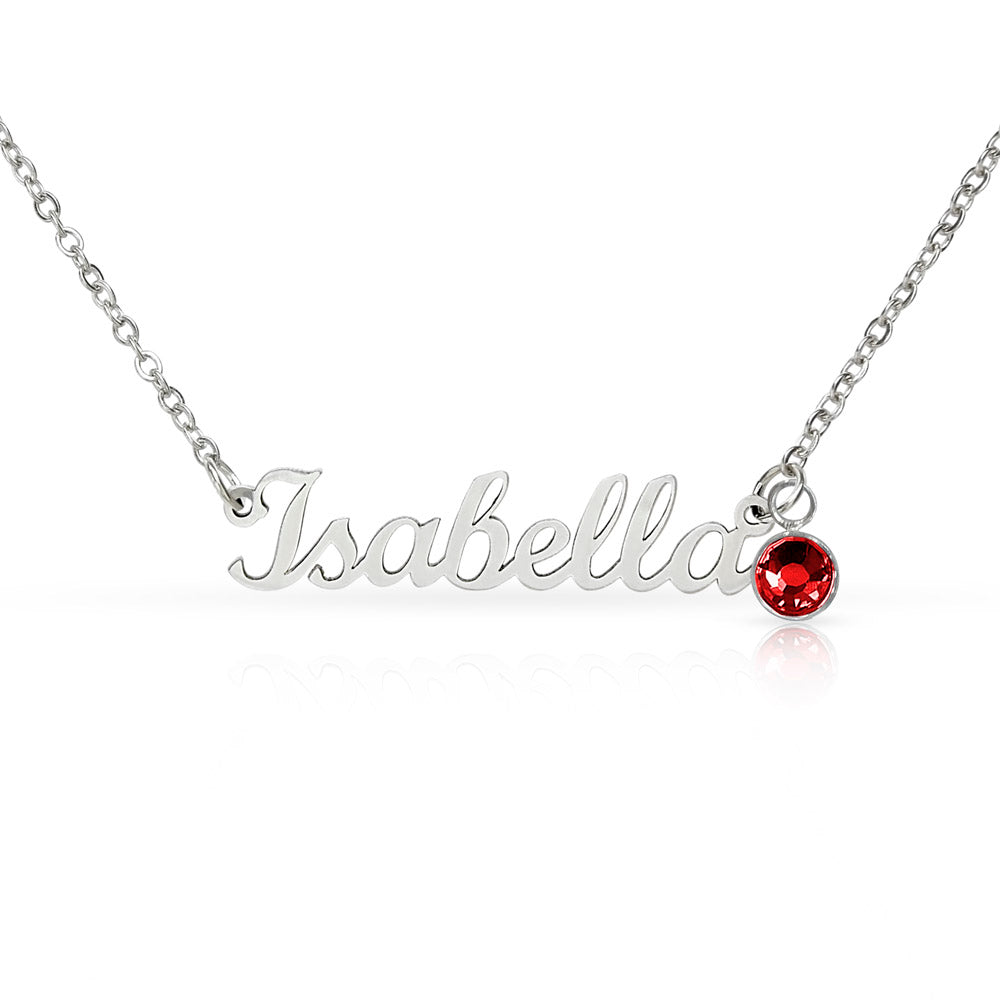 Silver-tone Isabella script name necklace with a dark red birthstone accent on white.