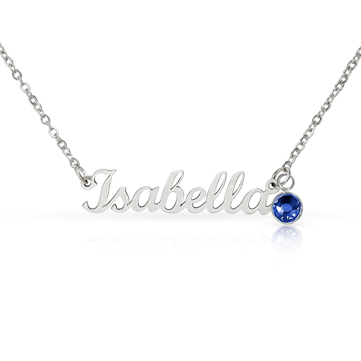 Silver-tone Isabella script name necklace with a deep blue birthstone accent on white.