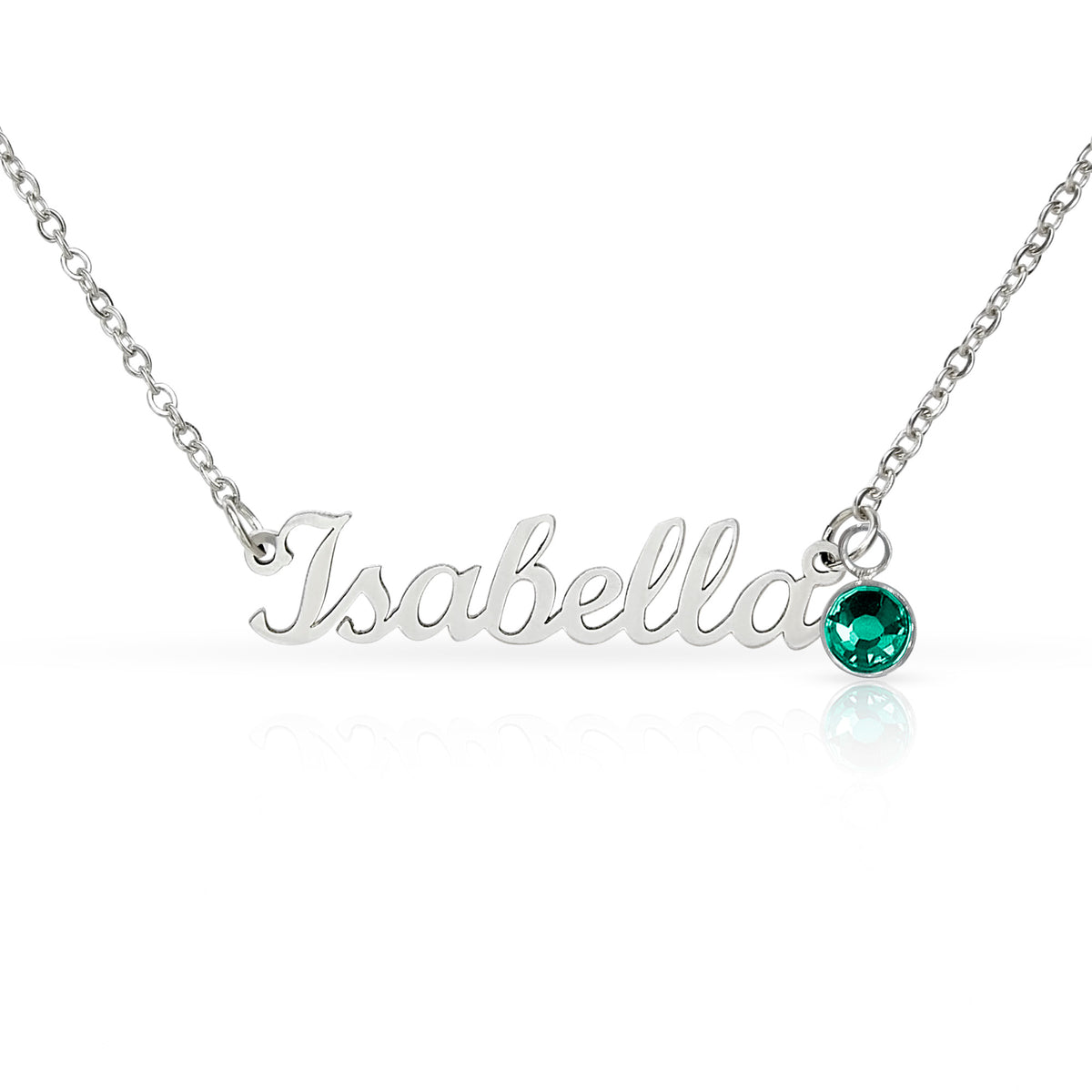 Silver-tone Isabella script name necklace with a deep green birthstone accent on white.