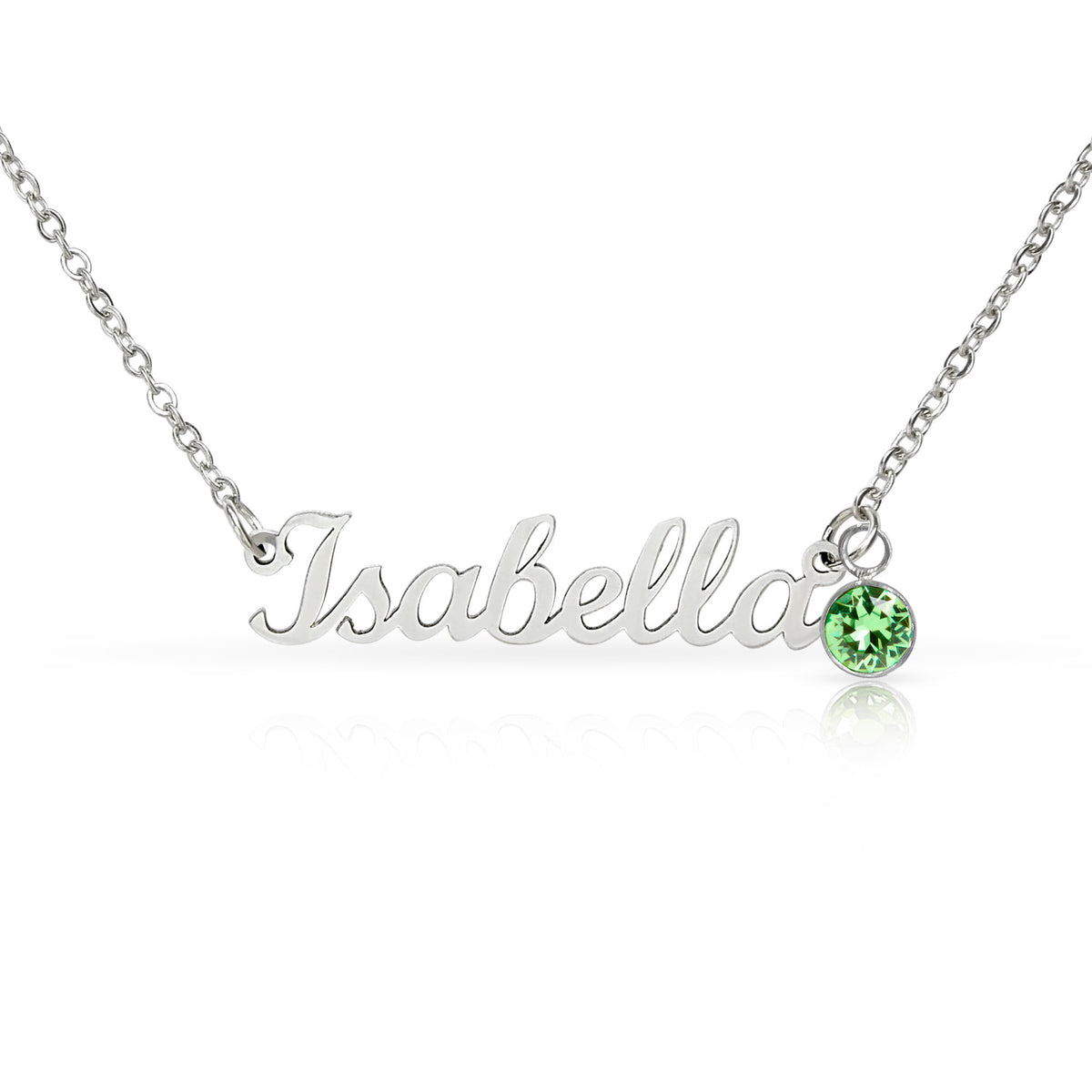 Silver-tone Isabella script name necklace with a light green birthstone accent on white.
