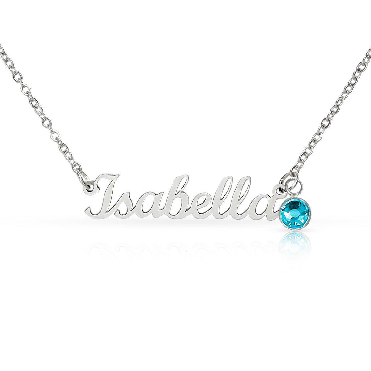 Silver-tone Isabella script name necklace with a pale blue birthstone accent on white.