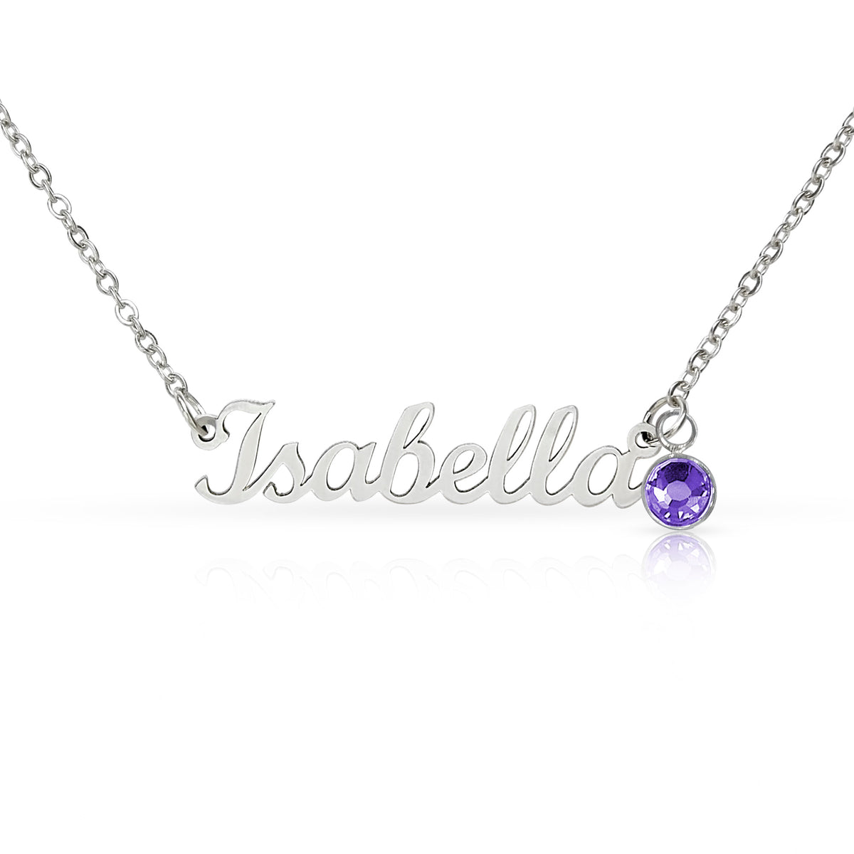 Silver-tone Isabella script name necklace with a purple birthstone accent on white.