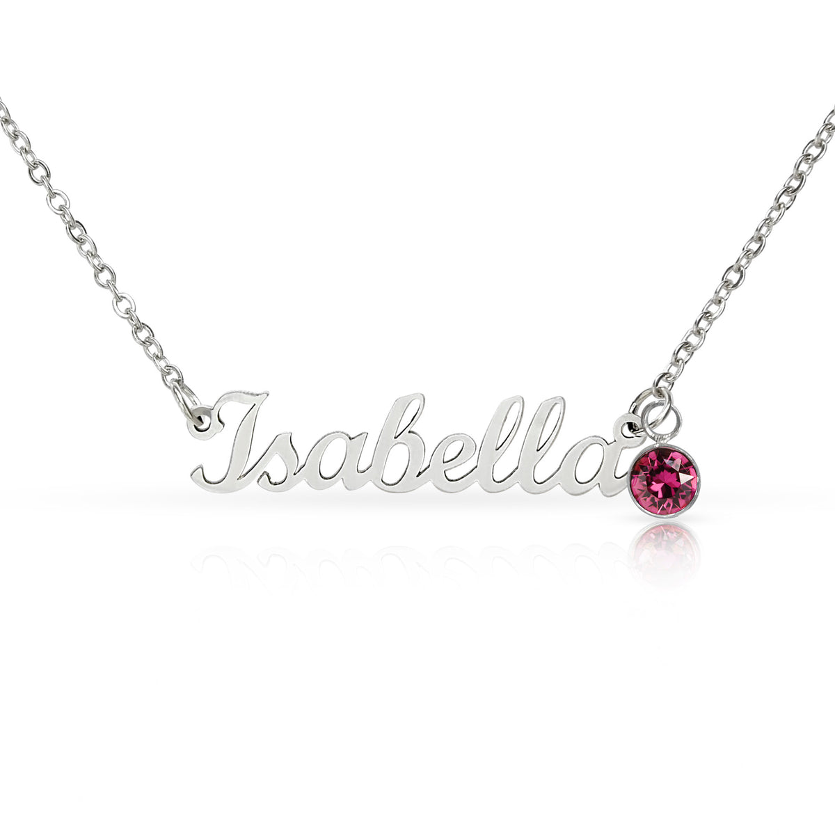 Silver-tone Isabella script name necklace with a purple-red birthstone accent on white.