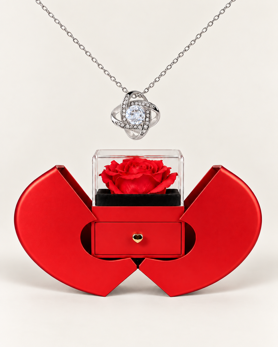 Silver-tone Love Knot CZ necklace displayed above an open red heart-shaped rose gift box.