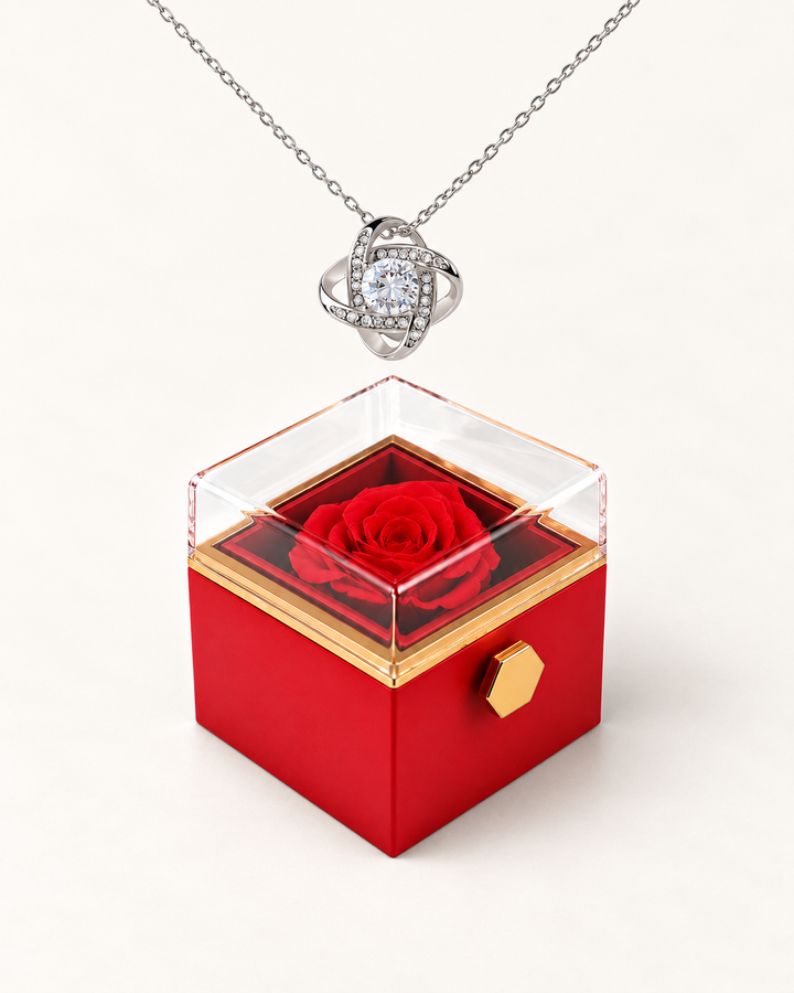 Silver-tone Love Knot CZ necklace displayed above a red rotating rose gift box.