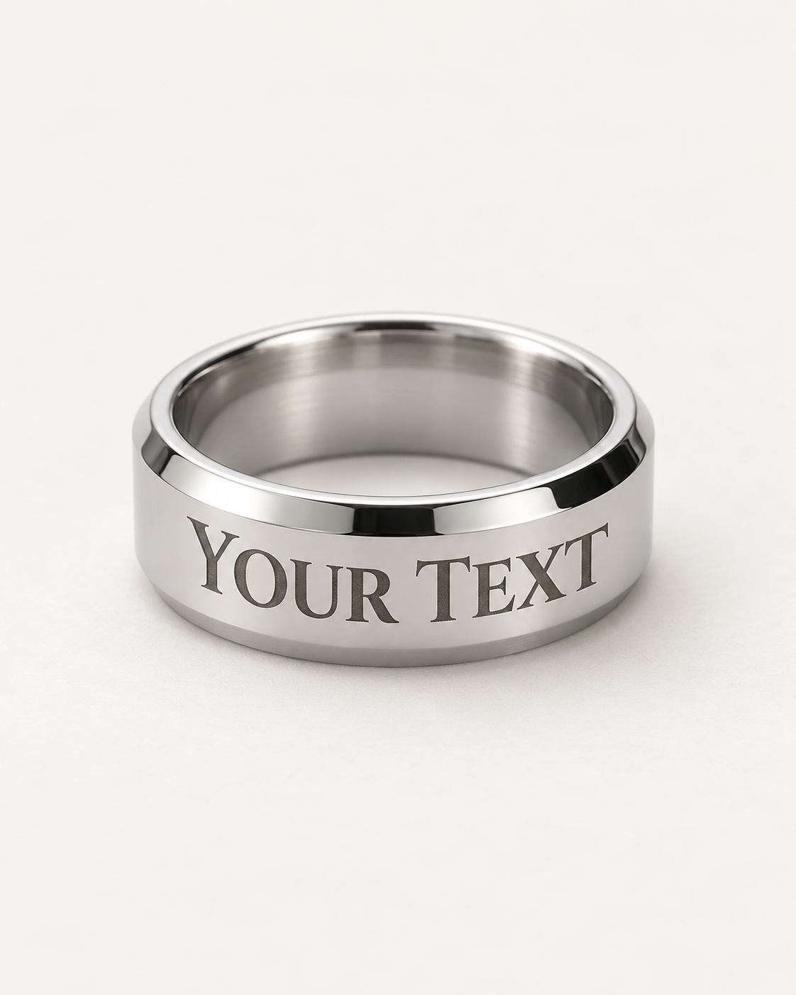 Silver-tone men's engraved ring with a sample Your Text message on the outer band.