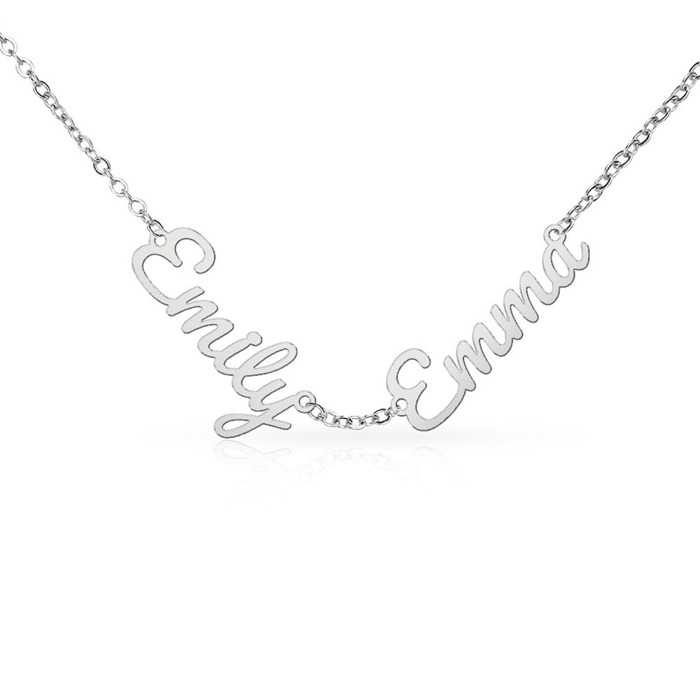 Silver-tone necklace with two connected script name pendants on white.