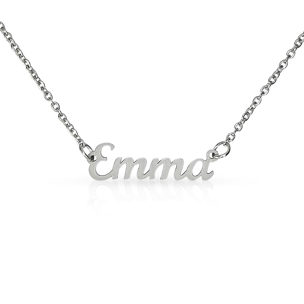 Silver-tone script name necklace with the example name Emma on white.