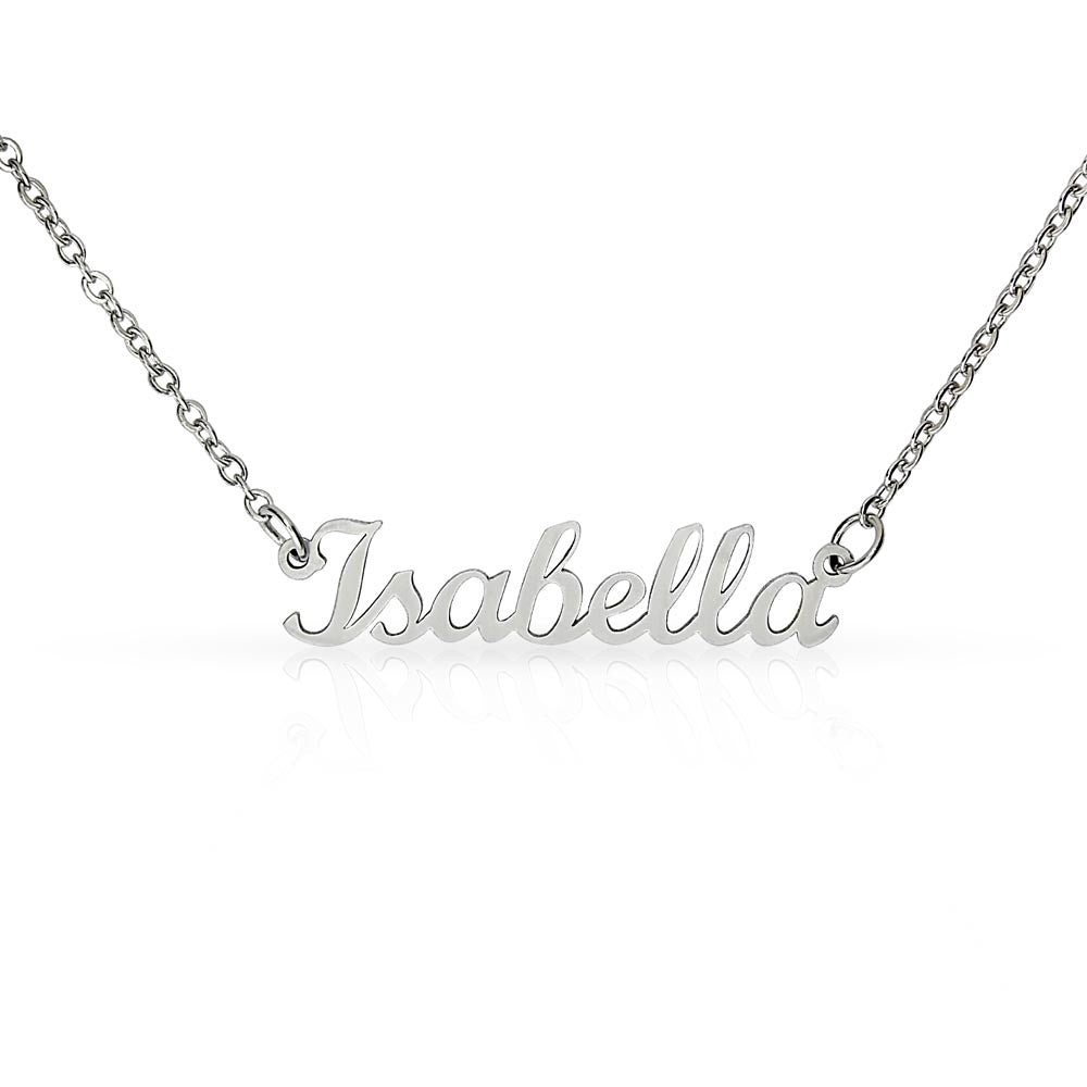 Close-up of a silver-tone script name necklace with the example name Isabella.
