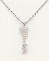 Silver-tone vertical Elizabeth name necklace topped with a graduation cap motif on ivory.