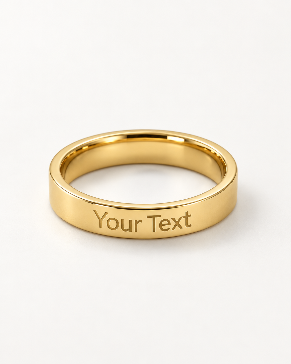Slim gold-tone engraved ring with a sample Your Text message on the outer band.