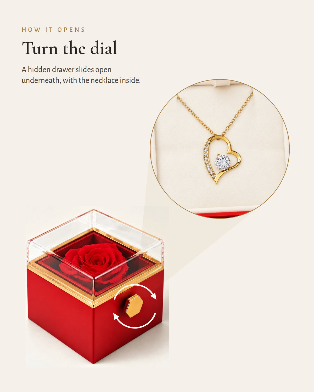 Diagram showing how turning the rose box dial reveals the gold-tone classic heart necklace.