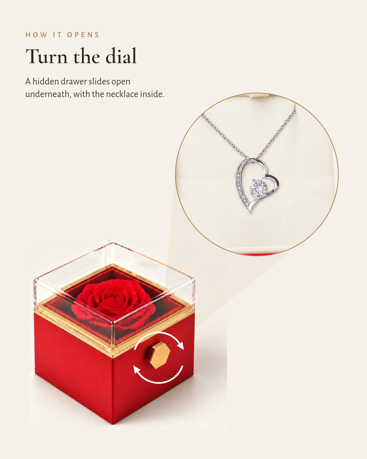 Diagram showing how turning the rose box dial reveals the silver-tone classic heart necklace.