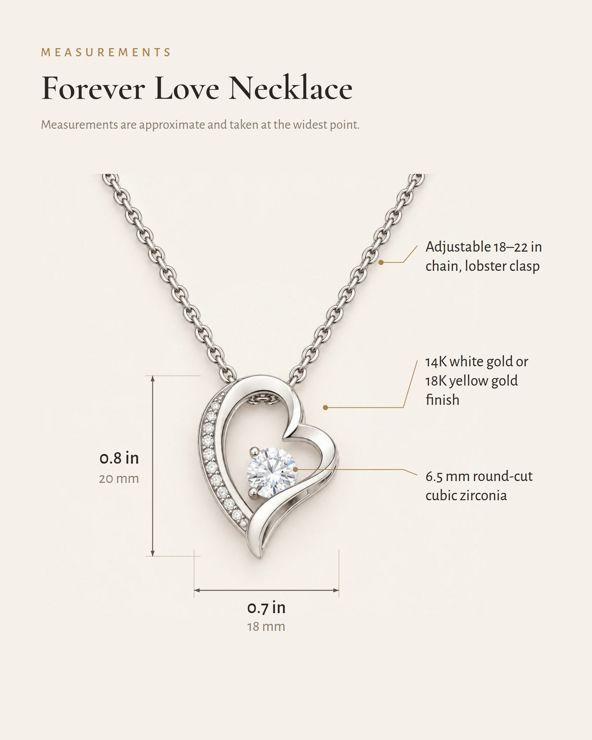 Classic heart necklace detail diagram showing the pendant, center stone and crystal accents.