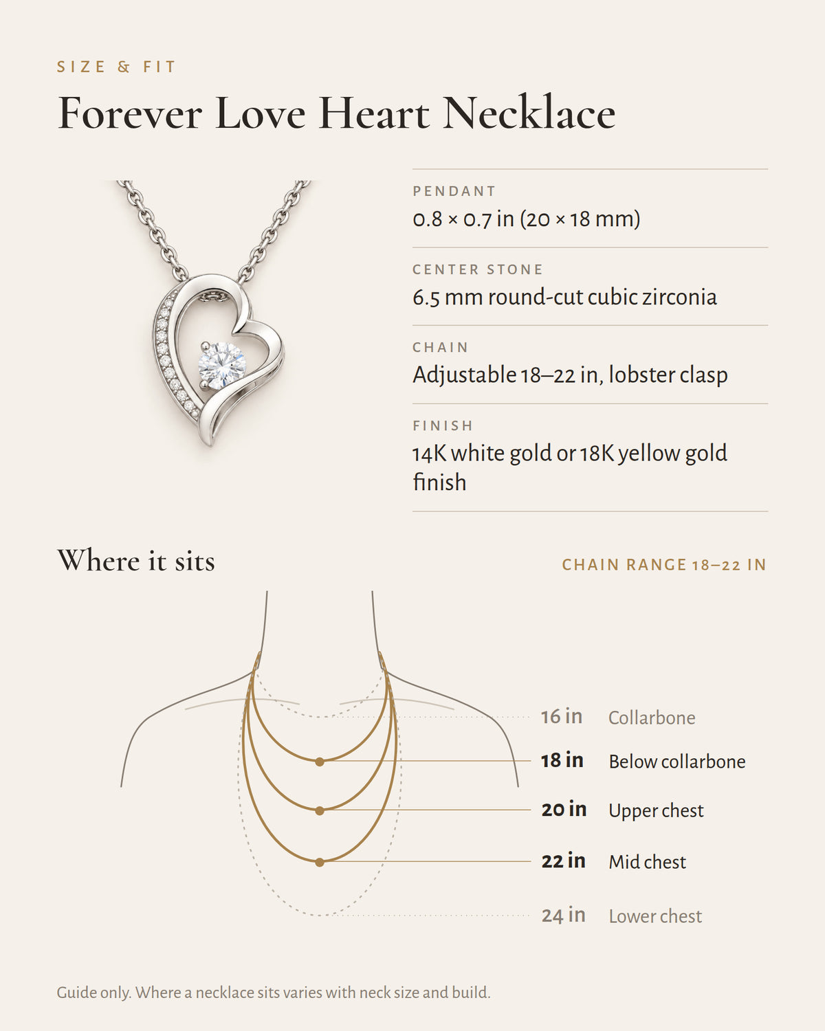 Classic heart CZ necklace specification and length guide.
