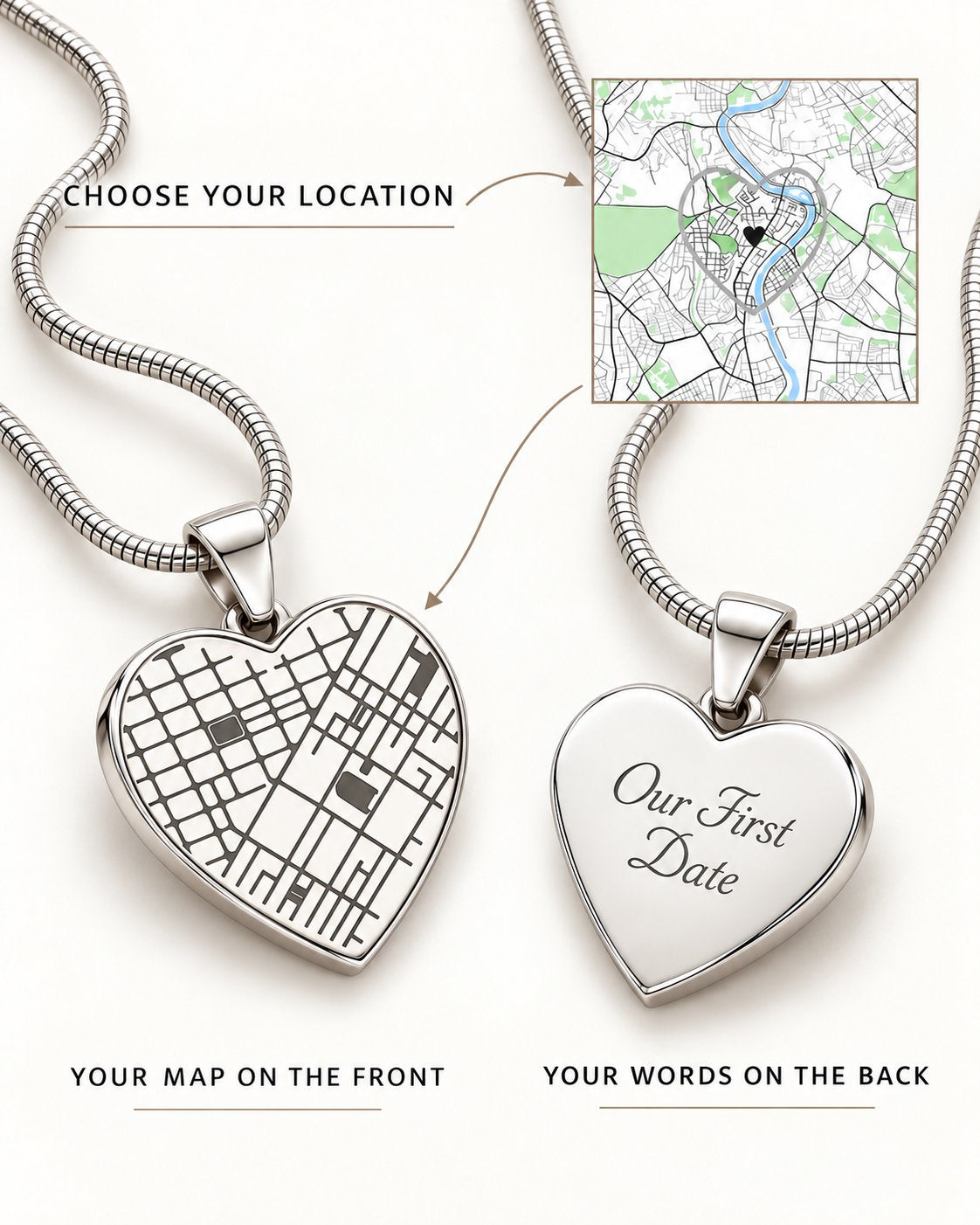 Silver heart map necklace shown front and back on off-white, with a location map and sample Our First Date engraving.