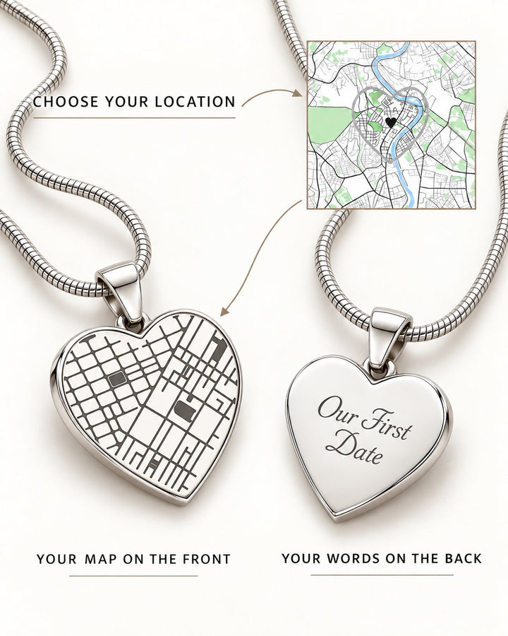 Silver heart map necklace shown front and back on off-white, with a location map and sample Our First Date engraving.