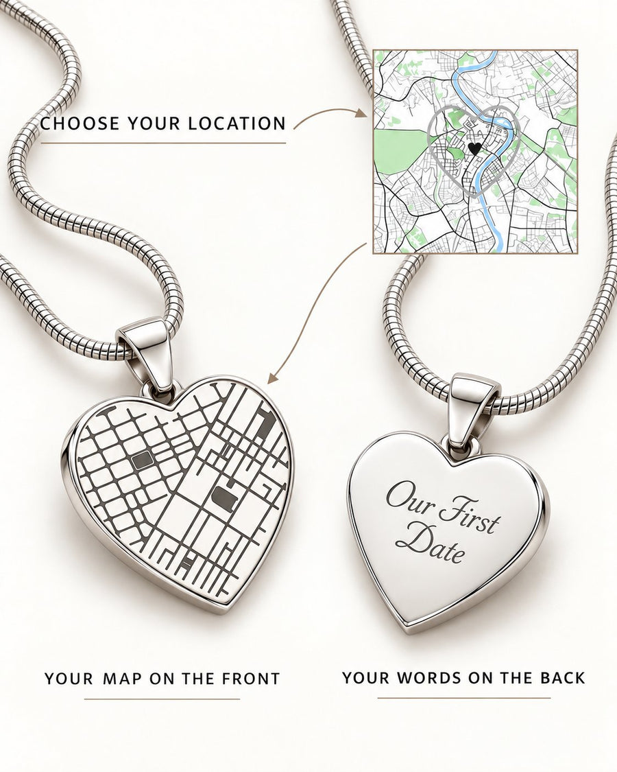 Silver heart map necklace shown front and back on off-white, with a location map and sample Our First Date engraving.