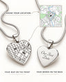 Silver heart map necklace shown front and back on off-white, with a location map and sample Our First Date engraving.