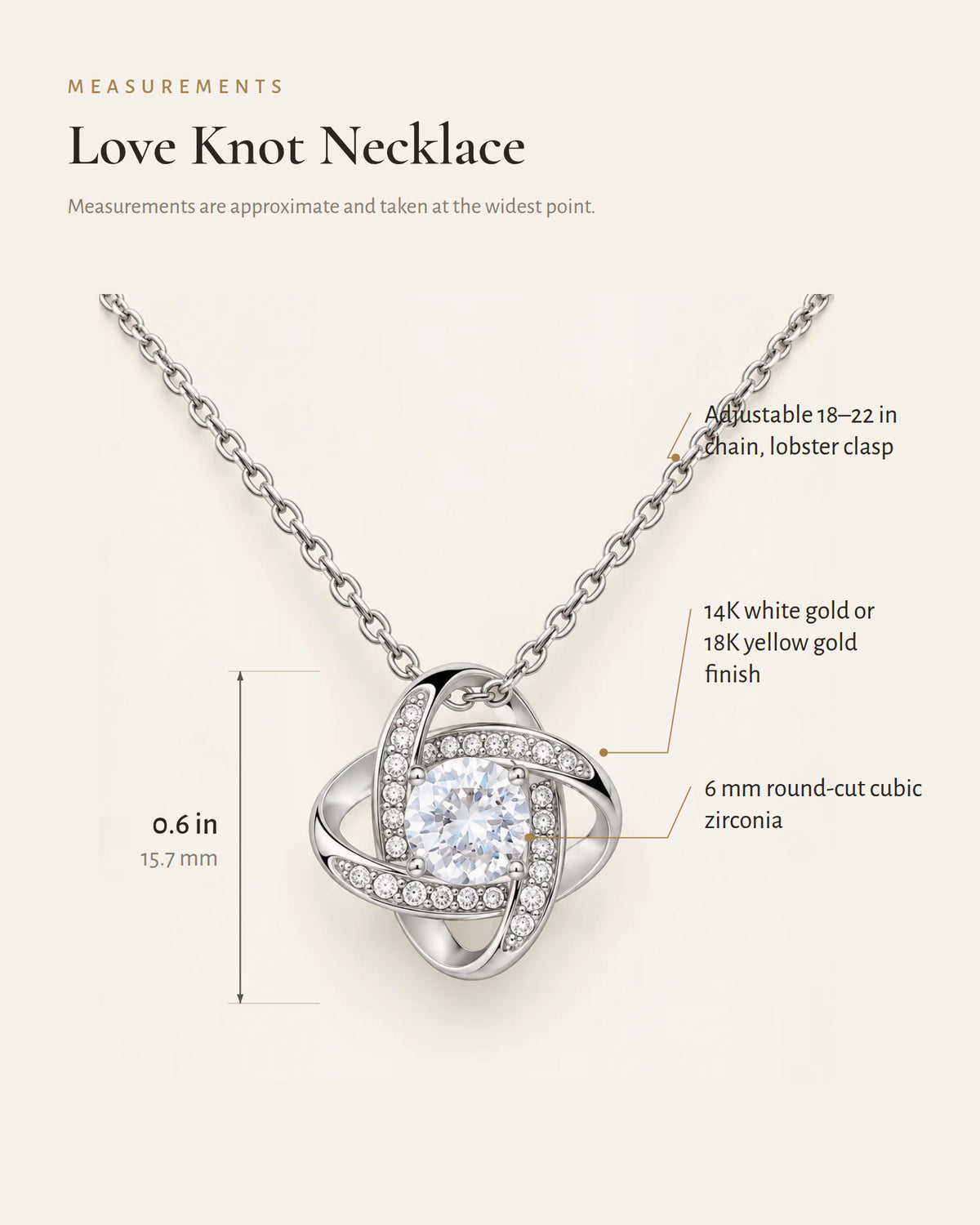 Love Knot necklace detail diagram showing its CZ center stone, pendant and chain.