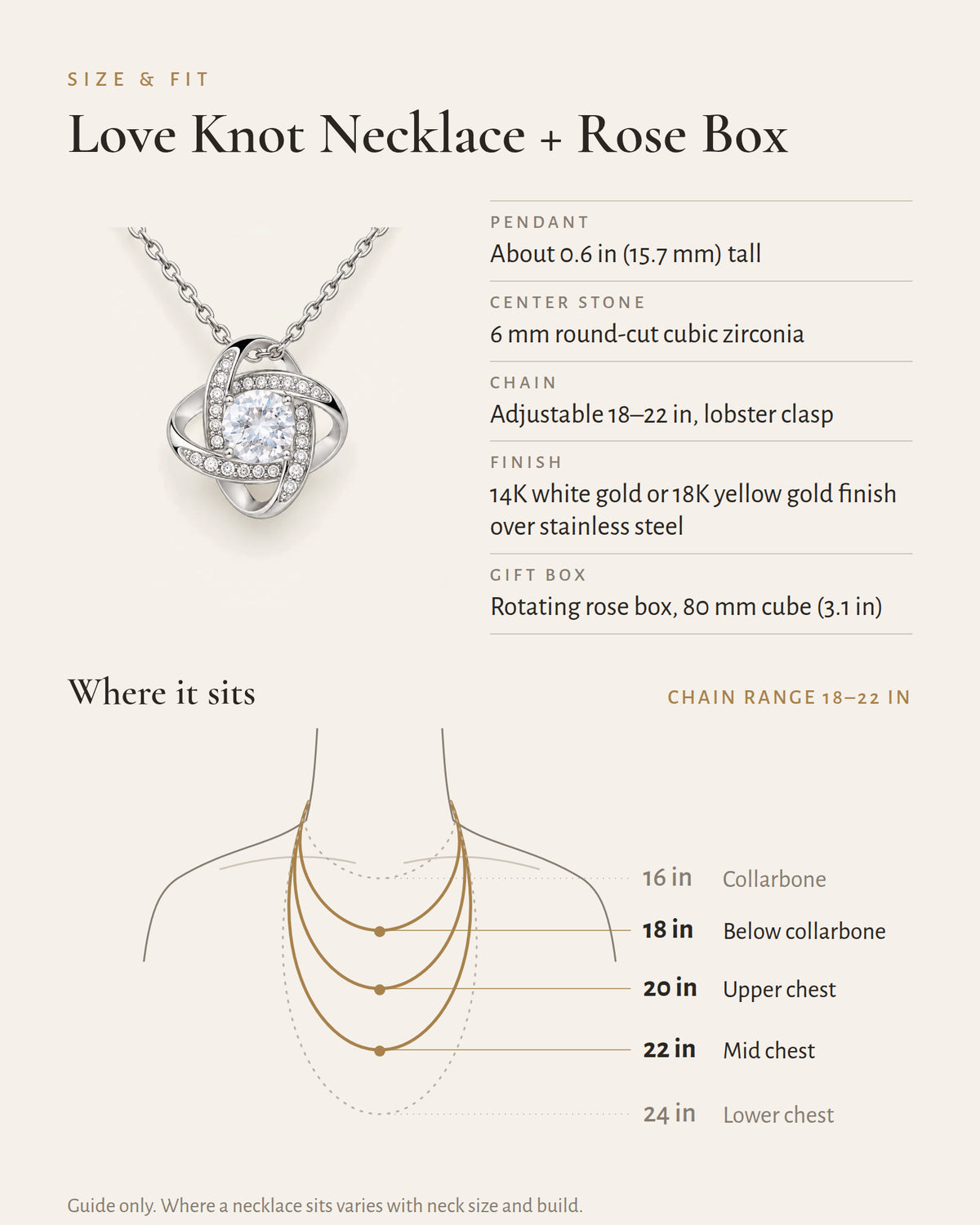 Love Knot necklace and rotating rose box specification and necklace length guide.