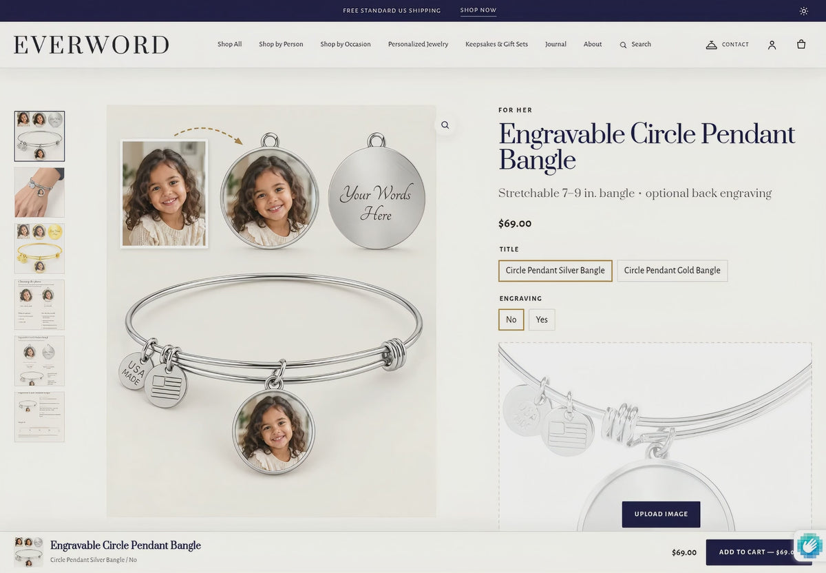 Product video for the customizable circle photo and engraved bangle.