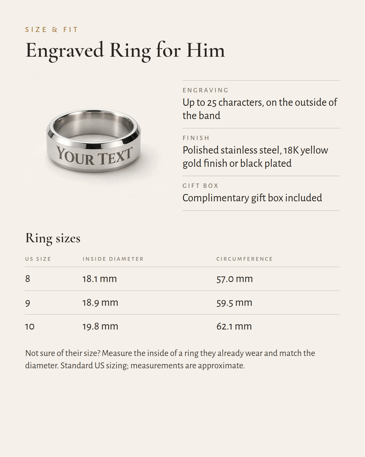 Men's engraved ring details and size guide for sizes 8, 9 and 10.